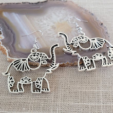 Load image into Gallery viewer, Elephant Earrings,  Silver Dangle Drop Earrings, Pachyderm Jewelry
