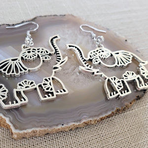 Elephant Earrings,  Silver Dangle Drop Earrings, Pachyderm Jewelry