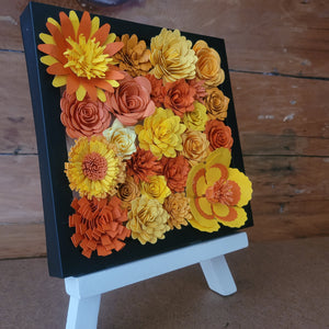 Orange and Yellow Flower Frame, Handmade Paper Flowers, 6x6 Black Frame Wall Art