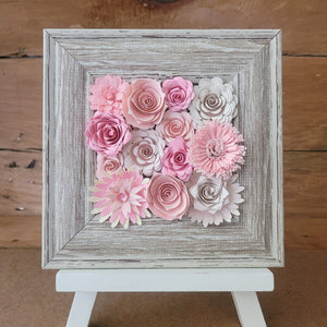 Pastel Pink Flowers Frame, Handmade Paper Flowers, 6x6 Woodgrain Frame, Nursery Powder Room Decor