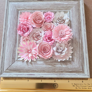 Pastel Pink Flowers Frame, Handmade Paper Flowers, 6x6 Woodgrain Frame, Nursery Powder Room Decor