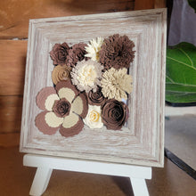 Load image into Gallery viewer, Brown and Cream Floral Frame, Handmade Paper Flowers, 6x6 Woodgrain Frame, Nursery Powder Room Decor
