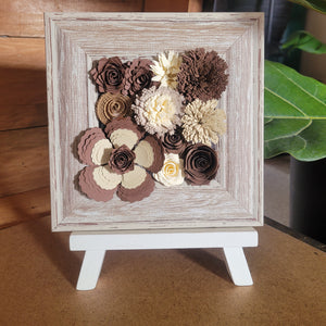 Brown and Cream Floral Frame, Handmade Paper Flowers, 6x6 Woodgrain Frame, Nursery Powder Room Decor