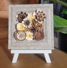 Load image into Gallery viewer, Brown Flower Frame, Handmade Paper Flowers, 6x6 Woodgrain Frame, Nursery Powder Room Decor
