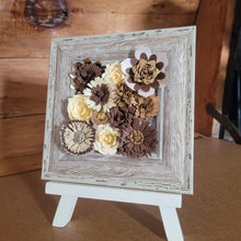 Load image into Gallery viewer, Brown Flower Frame, Handmade Paper Flowers, 6x6 Woodgrain Frame, Nursery Powder Room Decor
