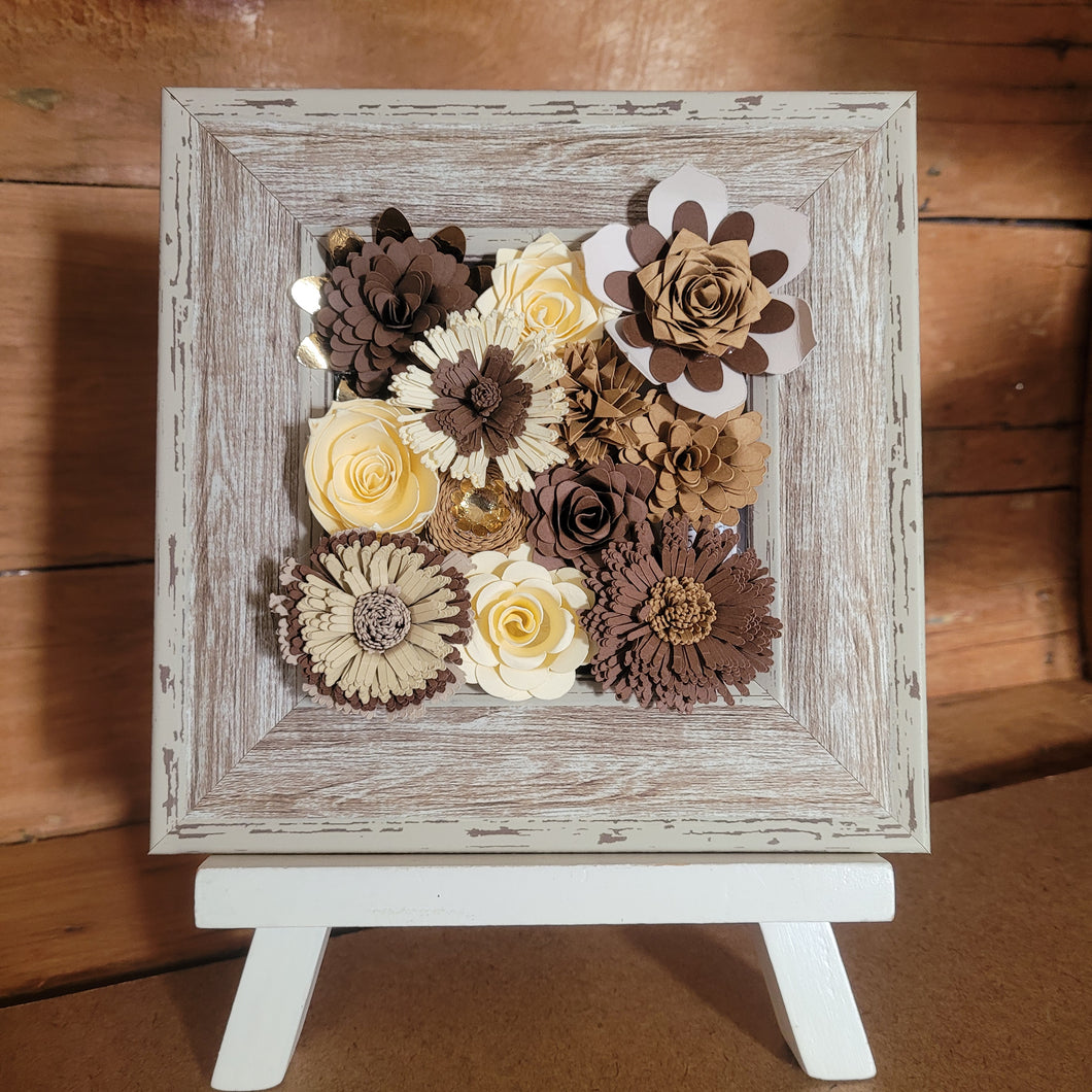 Brown Flower Frame, Handmade Paper Flowers, 6x6 Woodgrain Frame, Nursery Powder Room Decor