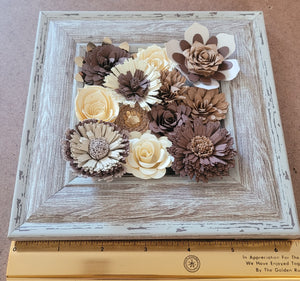 Brown Flower Frame, Handmade Paper Flowers, 6x6 Woodgrain Frame, Nursery Powder Room Decor