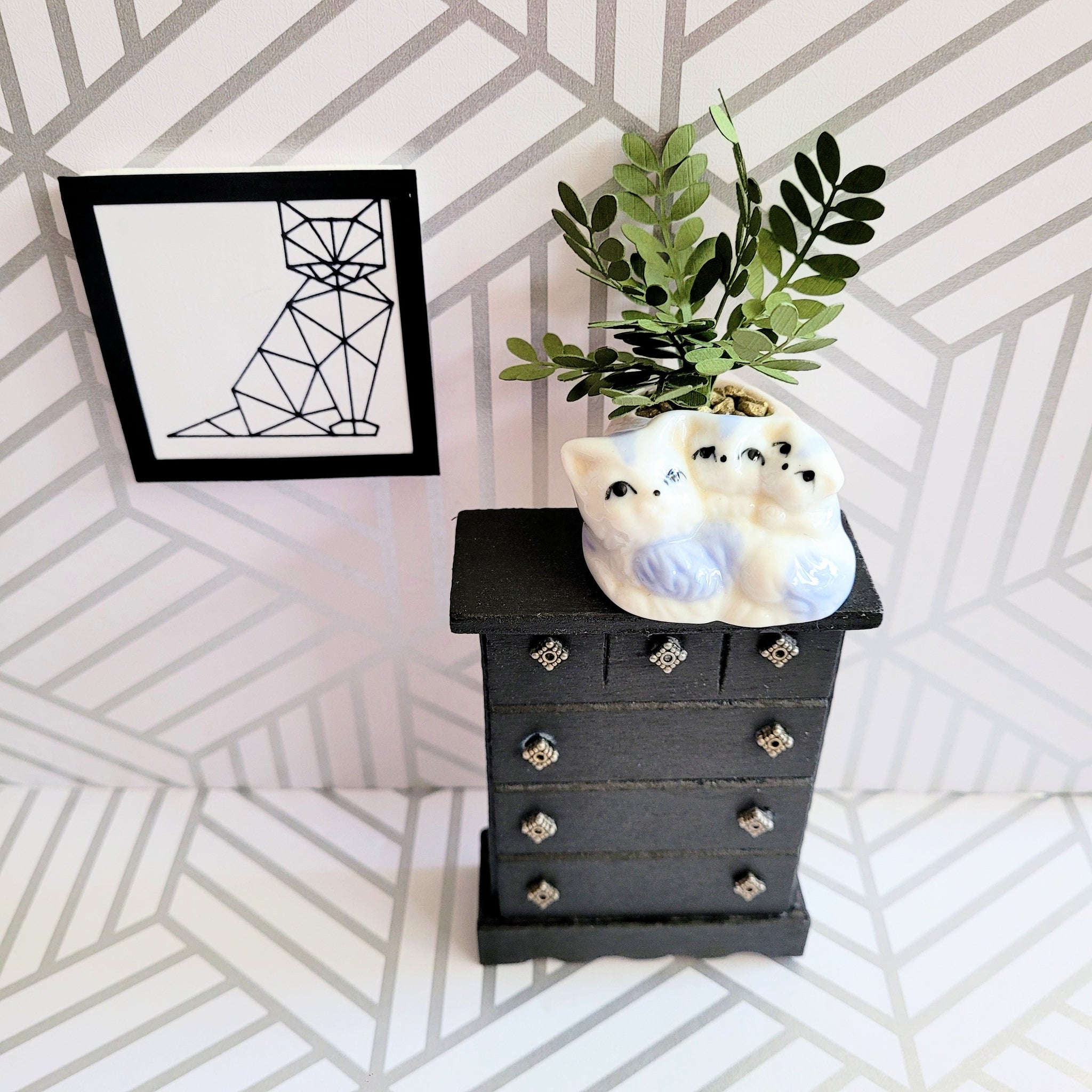 zz plant cat ZZ Plant, 3 inch Miniature Paper Plant in Vintage Cat Planter – Crystal Compass Design