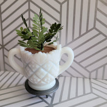 Load image into Gallery viewer, ZZ Plant, 3 inch Miniature Paper Plant in Vintage Milk Glass Planter

