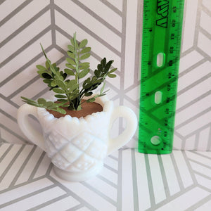 ZZ Plant, 3 inch Miniature Paper Plant in Vintage Milk Glass Planter