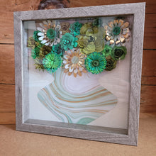 Load image into Gallery viewer, Green and Gold Floral Shadow Box, Handmade Paper Flowers 9x9 Woodgrain Shadow Box, Nursery Powder Room Decor
