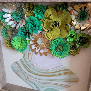 Green and Gold Floral Shadow Box, Handmade Paper Flowers 9x9 Woodgrain Shadow Box, Nursery Powder Room Decor