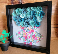 Load image into Gallery viewer, Blue Flower Filled Shadow Box, Handmade Paper Flowers 9x9 Black Shadow Box, Nursery Powder Room Decor, Wall Art
