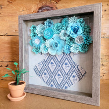Load image into Gallery viewer, Farmhouse Blue Floral Shadow Box, Handmade Paper Flowers 9x9 Woodgrain Shadow Box, Nursery Powder Room Decor
