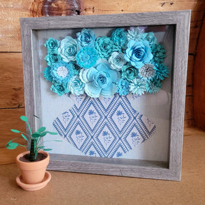 Farmhouse Blue Floral Shadow Box, Handmade Paper Flowers 9x9 Woodgrain Shadow Box, Nursery Powder Room Decor