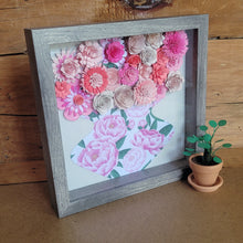 Load image into Gallery viewer, Pink Flower Shadow Box, Handmade Paper Flowers 9x9 Woodgrain Shadow Box, Nursery Powder Room Decor
