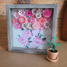 Load image into Gallery viewer, Pink Flower Shadow Box, Handmade Paper Flowers 9x9 Woodgrain Shadow Box, Nursery Powder Room Decor
