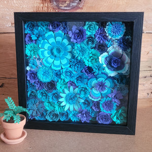 Blue Flowers Shadow Box, Handmade Paper Flowers 9x9 Black Shadow Box, Nursery Powder Room Decor, Wall Art