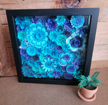 Load image into Gallery viewer, Blue Flowers Shadow Box, Handmade Paper Flowers 9x9 Black Shadow Box, Nursery Powder Room Decor, Wall Art

