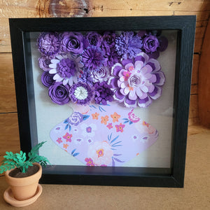 Purple Floral Shadow Box, Handmade Paper Flowers 9x9 Black Shadow Box, Nursery Powder Room Decor, Wall Art