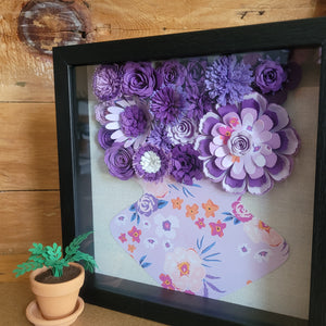 Purple Floral Shadow Box, Handmade Paper Flowers 9x9 Black Shadow Box, Nursery Powder Room Decor, Wall Art