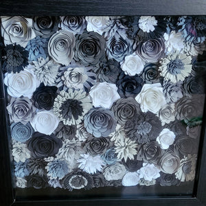 Black and Gray Floral Shadow Box, Handmade Paper Flowers 9x9 Black Shadow Box, Nursery Powder Room Decor, Wall Art