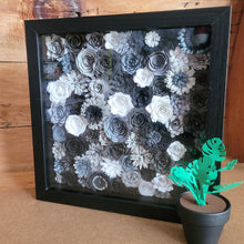 Load image into Gallery viewer, Black and Gray Floral Shadow Box, Handmade Paper Flowers 9x9 Black Shadow Box, Nursery Powder Room Decor, Wall Art

