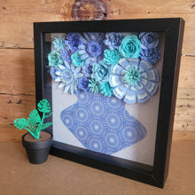 Load image into Gallery viewer, Blue and White Floral Shadow Box, Handmade Paper Flowers 9x9 Black Shadow Box, Nursery Powder Room Decor, Wall Art
