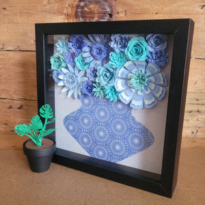 Blue and White Floral Shadow Box, Handmade Paper Flowers 9x9 Black Shadow Box, Nursery Powder Room Decor, Wall Art