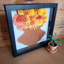 Load image into Gallery viewer, Yellow and Orange Shadow Box, Handmade Paper Flowers 9x9 Black Shadow Box, Nursery Powder Room Decor, Wall Art
