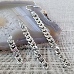 Silver Curb Chain Earrings, Long Dangle Chain Earrings