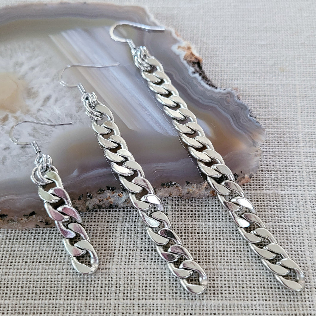 Silver Curb Chain Earrings, Long Dangle Chain Earrings