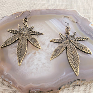 Marijuana Leaf Earrings, Bronze Dangle Drop Earrings