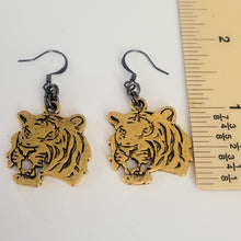 Load image into Gallery viewer, Gold Tiger Earrings,  Dangle Drop Earrings, Machine Cut Stainless Steel Charms
