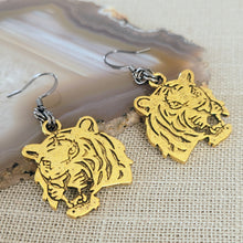 Load image into Gallery viewer, Gold Tiger Earrings,  Dangle Drop Earrings, Machine Cut Stainless Steel Charms
