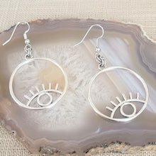 Load image into Gallery viewer, Eye Earrings, Silver Evil Eye Dangle Drop Earrings, Talisman Protection Jewelry
