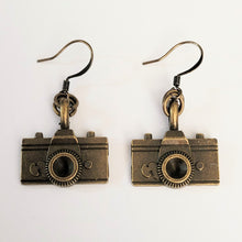 Load image into Gallery viewer, Bronze Camera Earrings, Long Dangle Drop Earrings, Jewelry for Photographers
