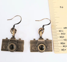 Load image into Gallery viewer, Bronze Camera Earrings, Long Dangle Drop Earrings, Jewelry for Photographers
