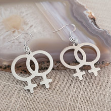 Load image into Gallery viewer, Lesbian Earrings, Sapphic Dangle Drop Earrings, Machine Cut Stainless Steel Charms
