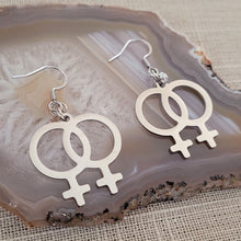 Load image into Gallery viewer, Lesbian Earrings, Sapphic Dangle Drop Earrings, Machine Cut Stainless Steel Charms

