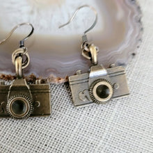 Load and play video in Gallery viewer, Bronze Camera Earrings, Long Dangle Drop Earrings, Jewelry for Photographers
