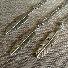 Load image into Gallery viewer, Feather Necklace, Mens Jewelry on Silver Cable Chain, Bohemian Layering Jewelry
