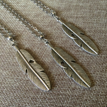 Load image into Gallery viewer, Feather Necklace, Mens Jewelry on Silver Cable Chain, Bohemian Layering Jewelry
