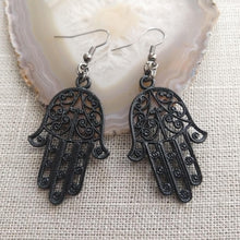 Load image into Gallery viewer, Black Hamsa Earrings- Long Dangle Earrings with Brass Chain
