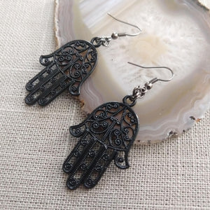 Black Hamsa Earrings- Long Dangle Earrings with Brass Chain