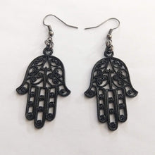 Load image into Gallery viewer, Black Hamsa Earrings- Long Dangle Earrings with Brass Chain
