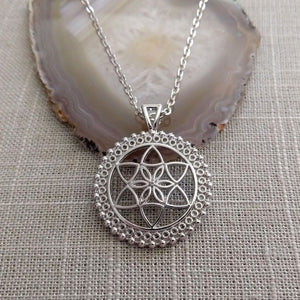 Flower of Life Necklace, Silver Cable Chain, Yoga Meditation Reiki Jewelry
