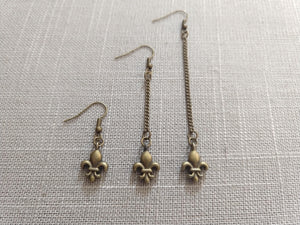 Fleur de Lis Earrings, Dangle Drop Chain Earrings in Your Choice of Three Lengths