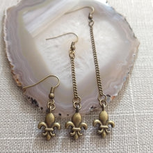 Load image into Gallery viewer, Fleur de Lis Earrings, Dangle Drop Chain Earrings in Your Choice of Three Lengths
