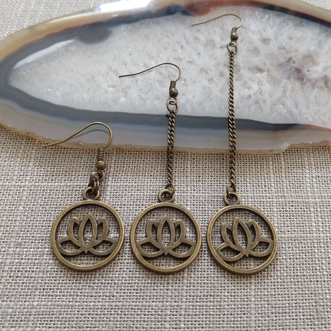 Japanese Lotus Flower Earrings - Your Choice of Three Lengths - Long Dangle Chain Earrings